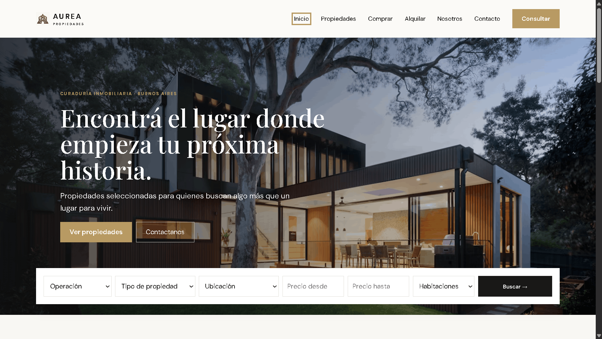 Portada de Áurea Propiedades con buscador inmobiliario